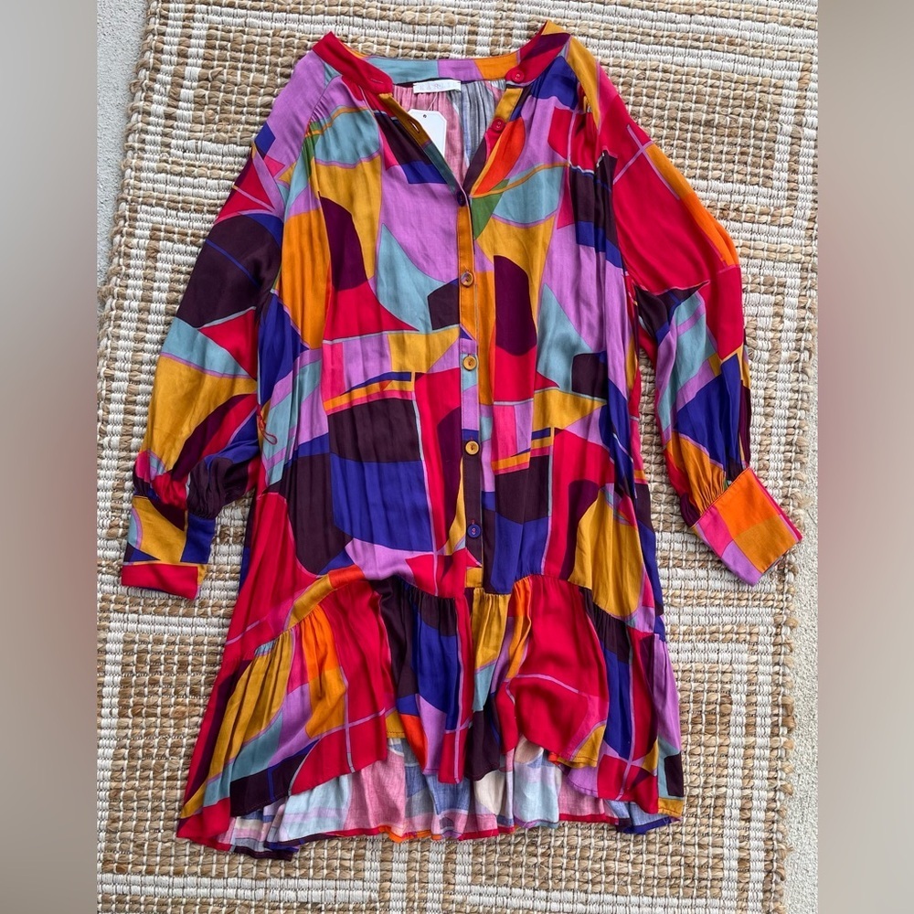 Karlie Mosaic Braided Sash Mini Dress Colorful Abstract Size Small boho festival